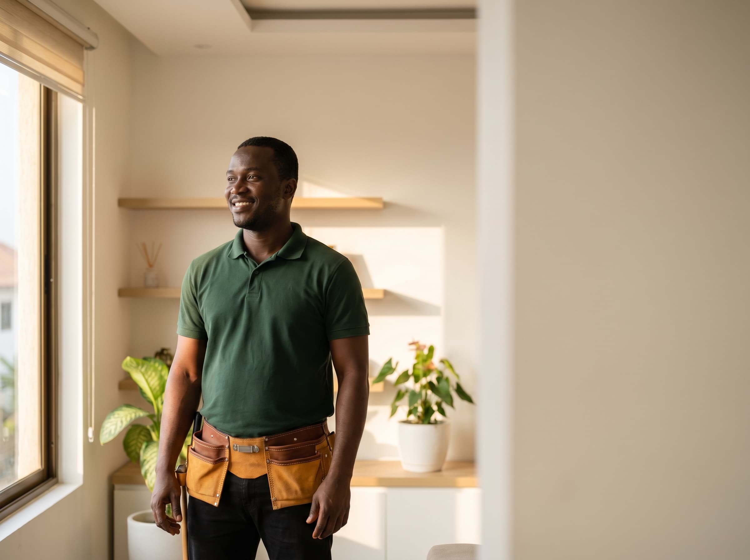 ID-verified Ghanaian electrician at work in a bright Accra home