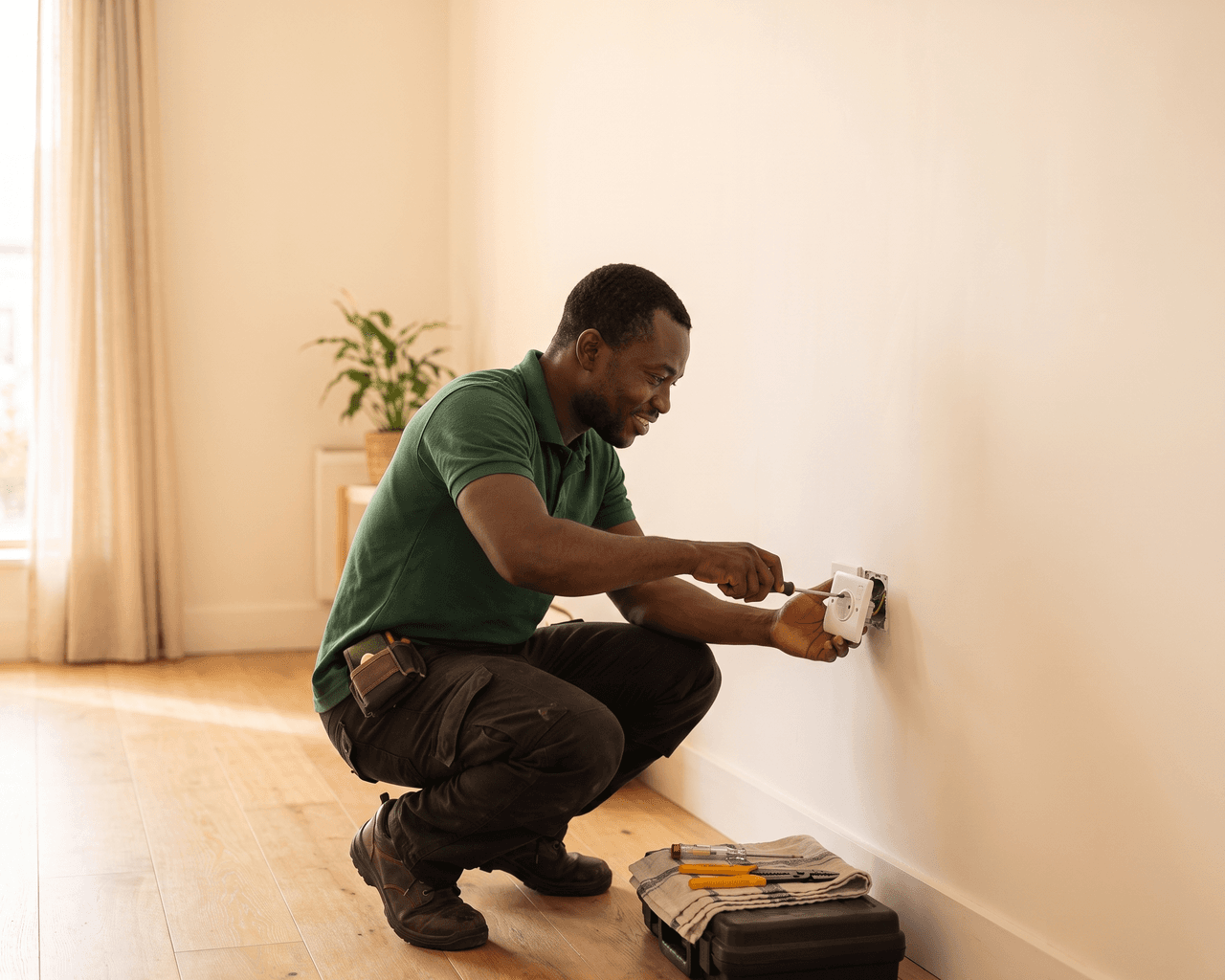 ID-verified Ghanaian electrician wiring a wall socket in a bright modern Accra home