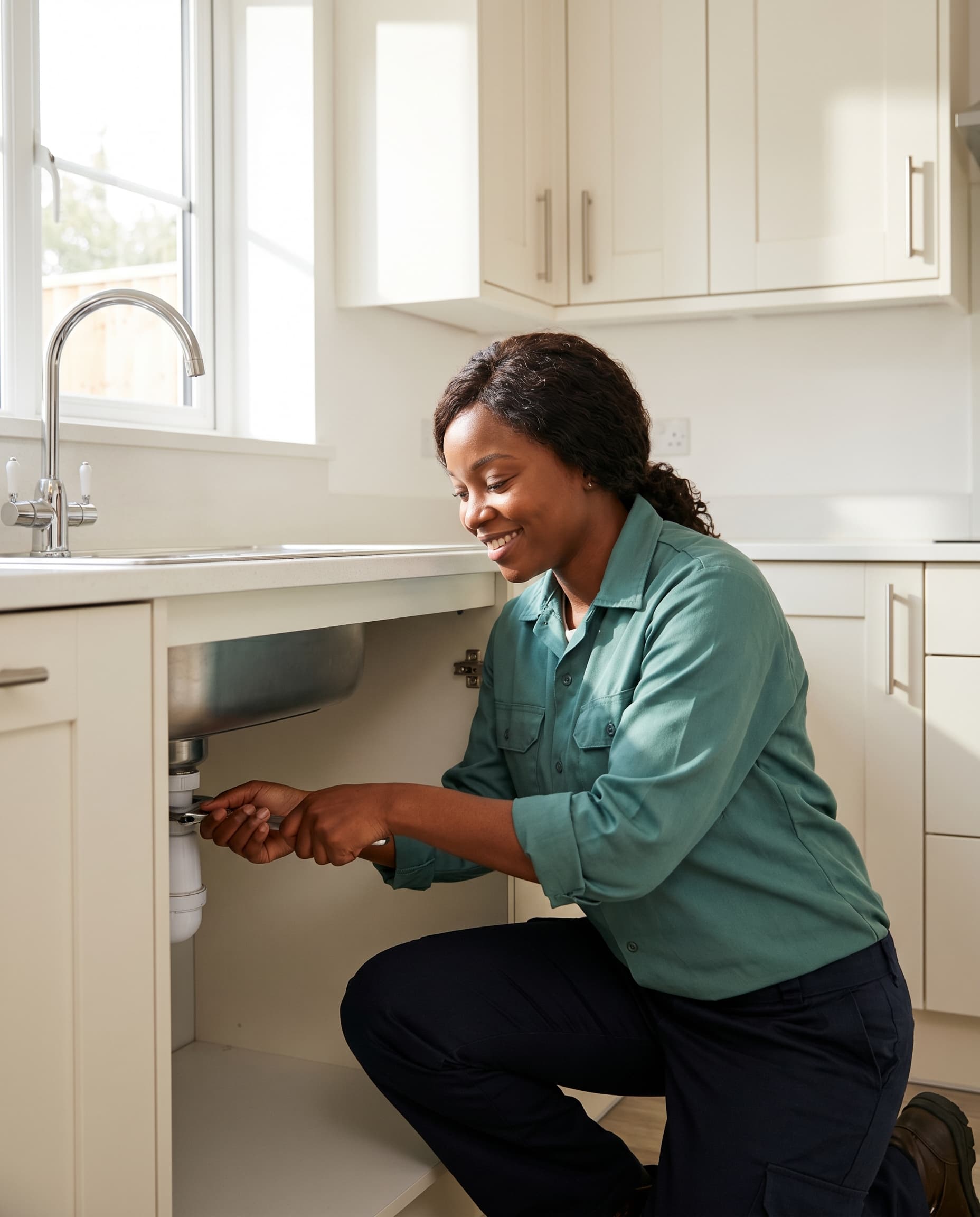 ID-verified Ghanaian plumber at work in a modern home