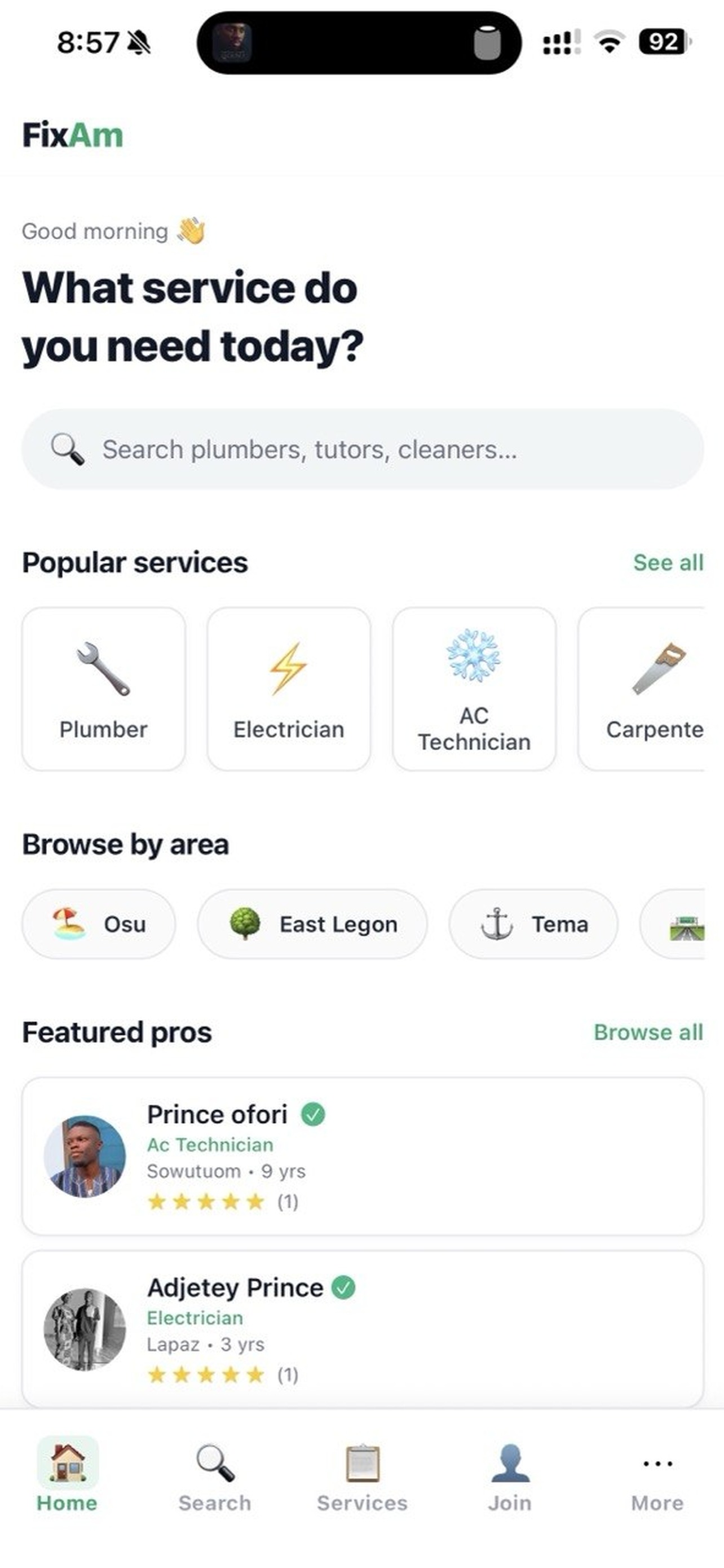 FixAm app home screen on iPhone