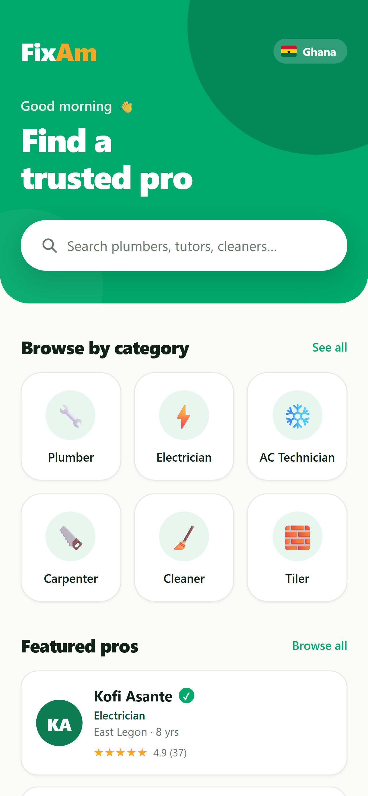 FixAm app home screen on iPhone